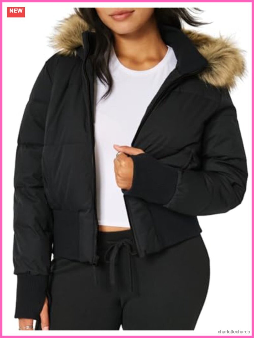 Cropped Puffer Jacket Hooded Faux Fur Trim Winter Coat